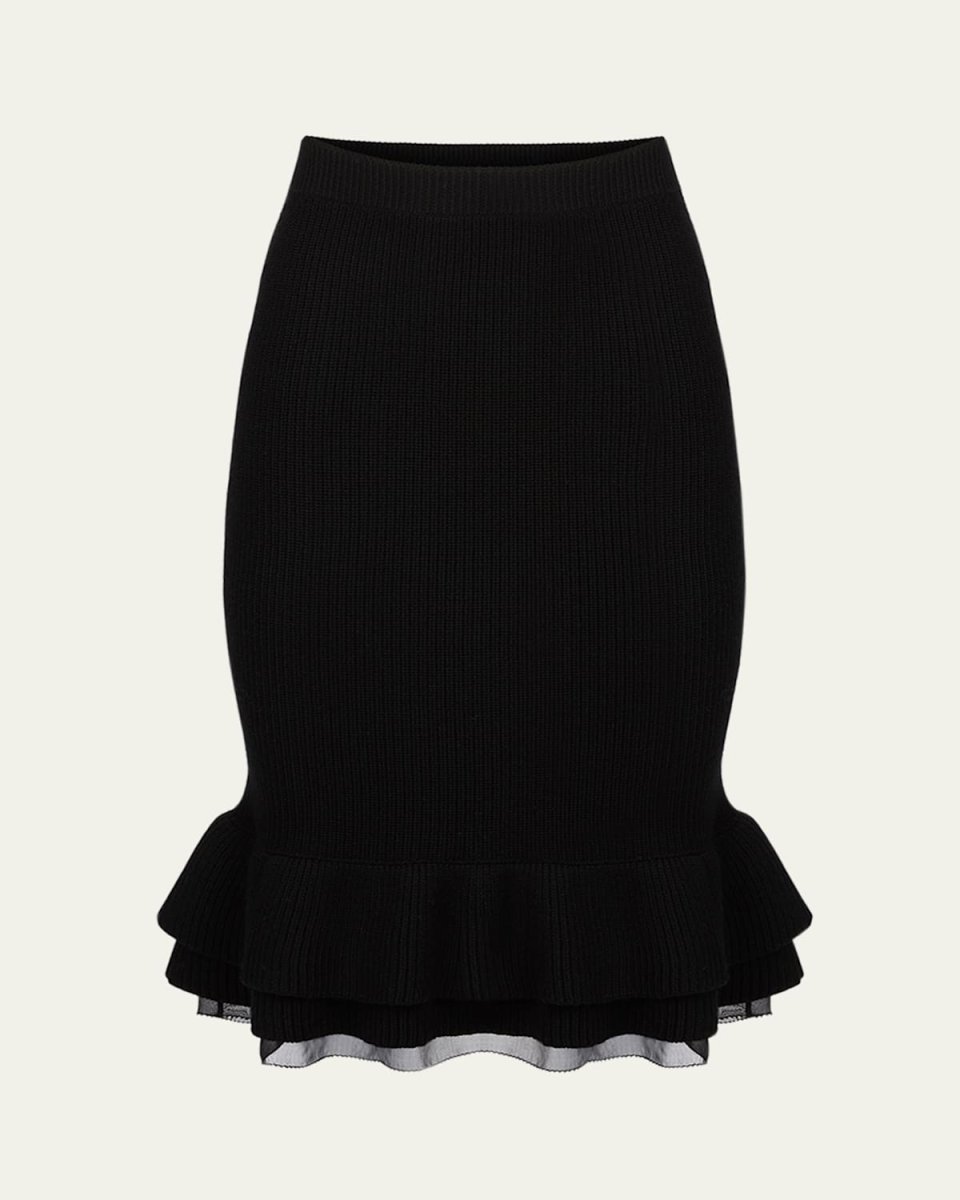 Layered Ruffle Knit Pencil Midi Skirt